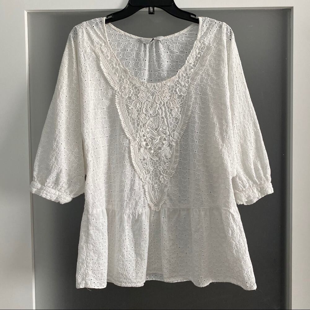 Zara basic white eyelet lace peplum blouse S